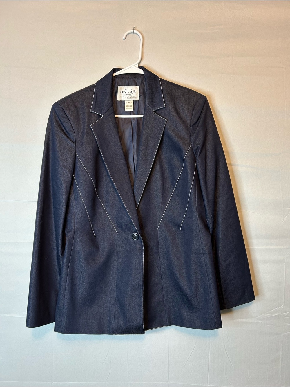 Oscar De La Renta Women’s Size 14 Blazer Denim Color With Contrast Stitching 57